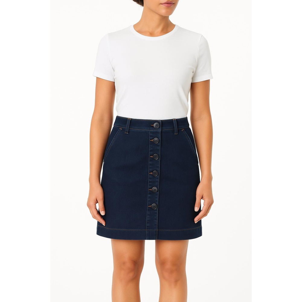 Talbots Skirt‎ Womens Petite 8 Blue Denim ButtonFront BeltLoops Nautical Chic